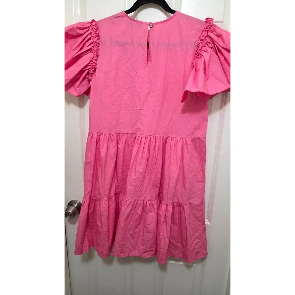 Chepé Pink Fary Festival Beachy Italy Ruffled Tiered Short Sleeve Cotton Dress